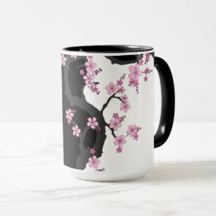 Japanese Kimono Black and White Pink Sakura Mug