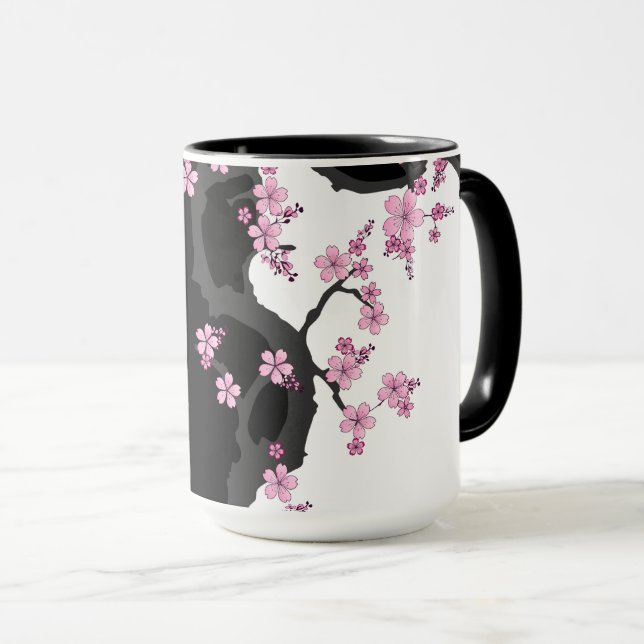 Japanese Kimono Black and White Pink Sakura Mug (Front Right)
