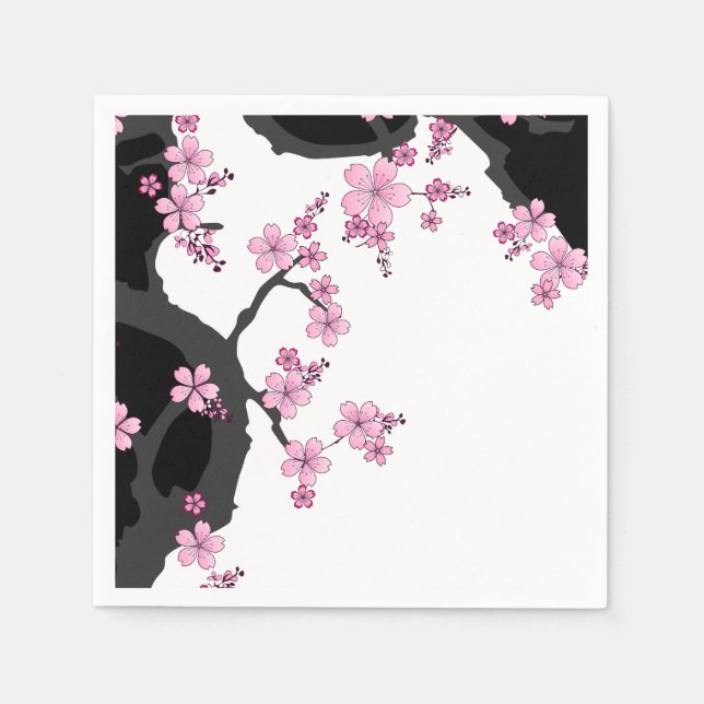 Japanese Kimono Black and White Pink Sakura Napkins (Front)
