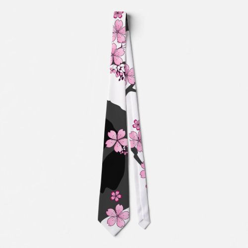 Japanese Kimono Black and White Pink Sakura Neck Tie
