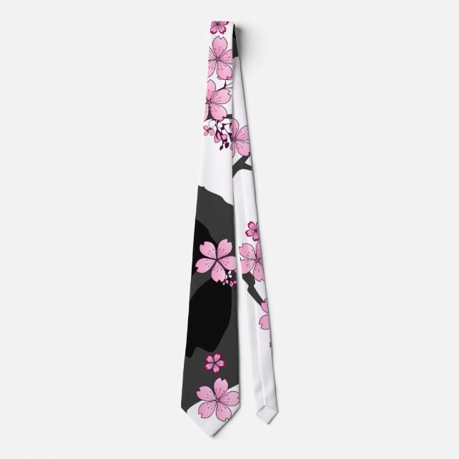 Japanese Kimono Black and White Pink Sakura Neck Tie (Front)
