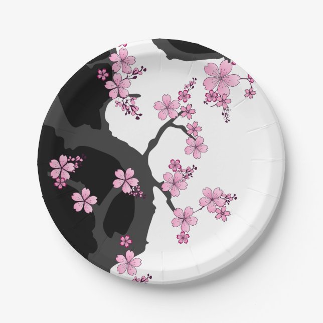 Japanese Kimono Black and White Pink Sakura Paper Plates (Front)