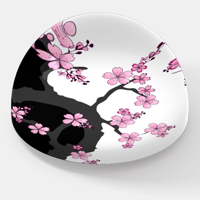 Japanese Kimono Black and White Pink Sakura Paperweight (Angled)