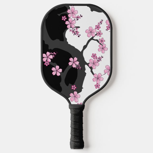 Japanese Kimono Black and White Pink Sakura Pickleball Paddle (Front)