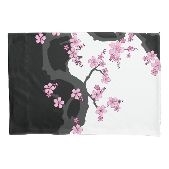 Japanese Kimono Black and White Pink Sakura Pillow Case (Front)