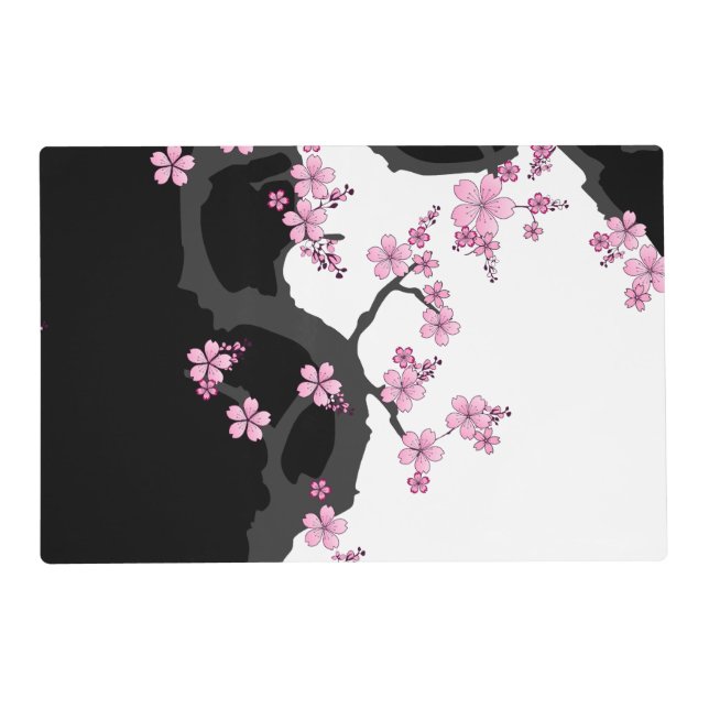 Japanese Kimono Black and White Pink Sakura Placemat (Front)