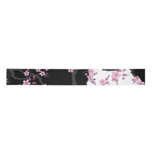 Japanese Kimono Black and White Pink Sakura Satin Ribbon