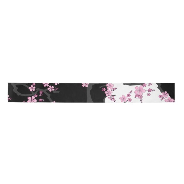 Japanese Kimono Black and White Pink Sakura Satin Ribbon (Front)
