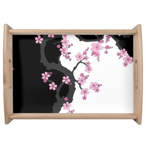 Japanese Kimono Black and White Pink Sakura Serving Tray