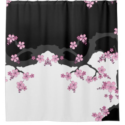 Japanese Kimono Black and White Pink Sakura Shower Curtain