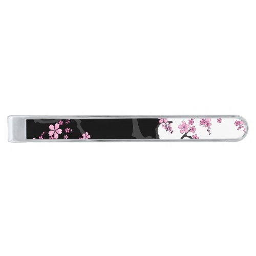 Japanese Kimono Black and White Pink Sakura Silver Finish Tie Bar