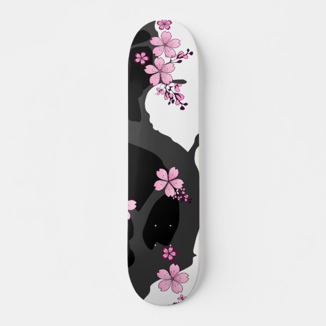 Japanese Kimono Black and White Pink Sakura Skateboard (Front)