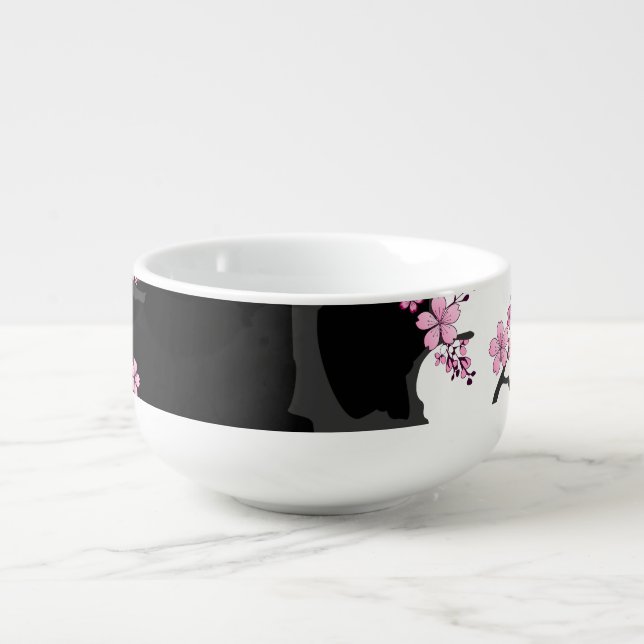 Japanese Kimono Black and White Pink Sakura Soup Mug (Front)