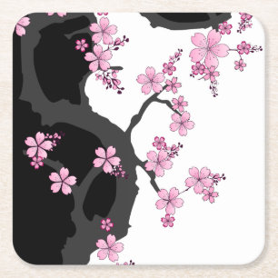 Japanese Kimono Black and White Pink Sakura Square Paper Coaster