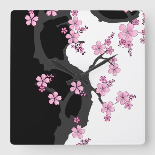 Japanese Kimono Black and White Pink Sakura Square Wall Clock
