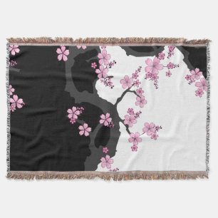 Japanese Kimono Black and White Pink Sakura Throw Blanket