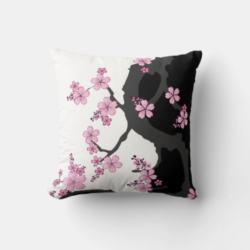 Japanese Kimono Black and White Pink Sakura Throw Pillow