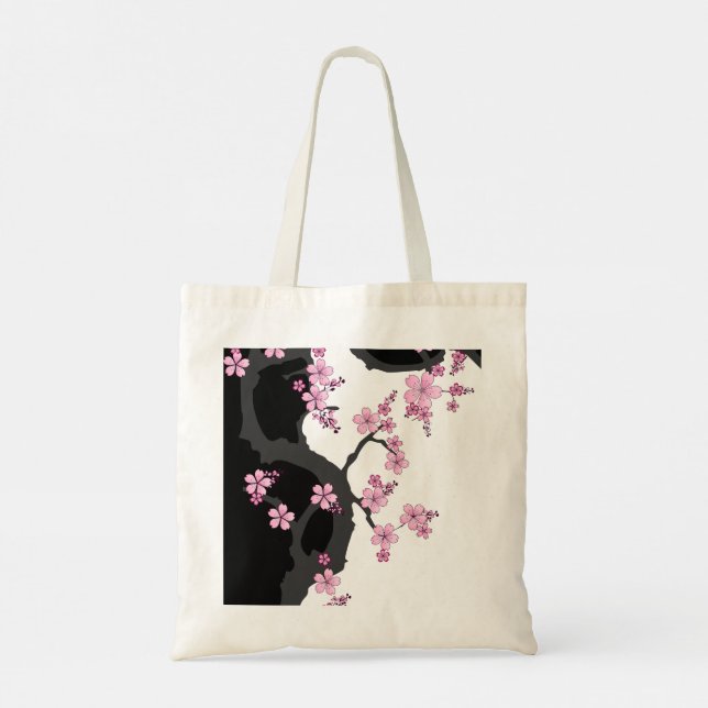 Japanese Kimono Black and White Pink Sakura Tote Bag (Back)