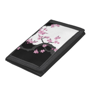 Japanese Kimono Black and White Pink Sakura Tri-fold Wallet