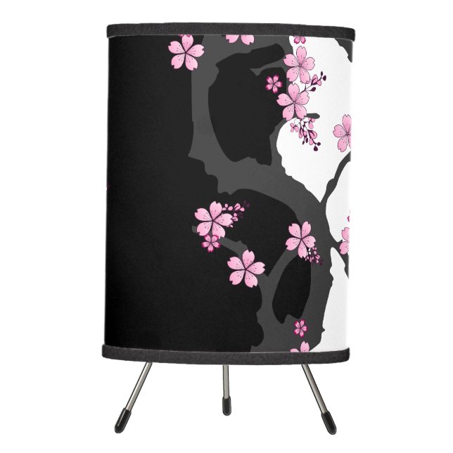Japanese Kimono Black and White Pink Sakura Tripod Lamp (Front)