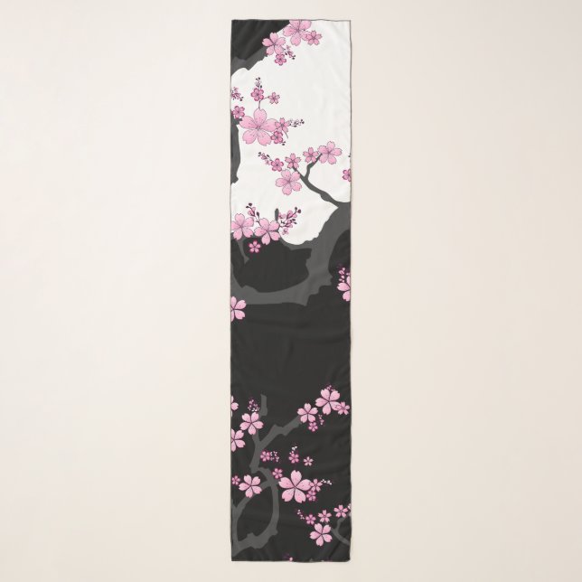 Japanese Kimono Black and White Pink Sakura Watch Scarf (Front)
