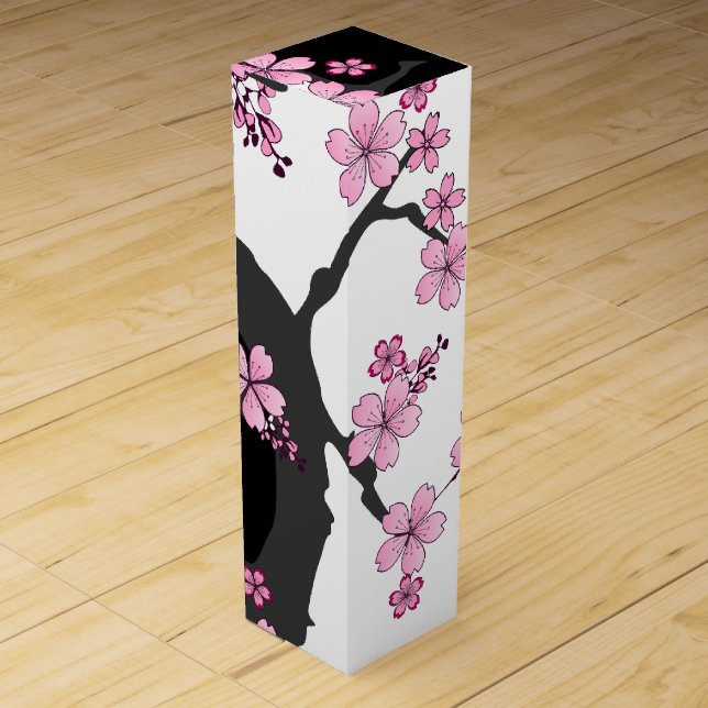 Japanese Kimono Black and White Pink Sakura Wine Box (Front)
