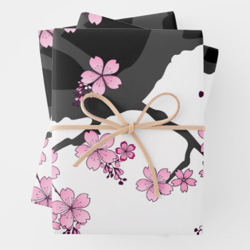 Japanese Kimono Black and White Pink Sakura Wrapping Paper Sheets