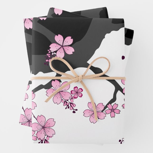 Japanese Kimono Black and White Pink Sakura Wrapping Paper Sheets (In situ)