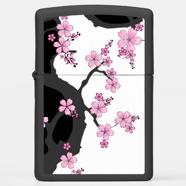 Japanese Kimono Black and White Pink Sakura Zippo Lighter (Front)