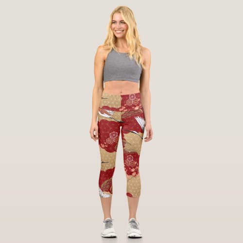 Japanese Kimono Cherry Blossoms Capri Leggings