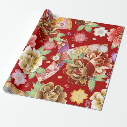 Japanese Kimono Design Cute Colorful Flowers Wrapping Paper