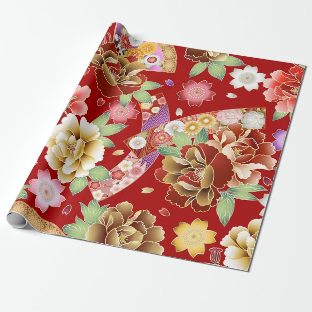 Japanese Kimono Design Cute Colorful Flowers Wrapping Paper (Unrolled)