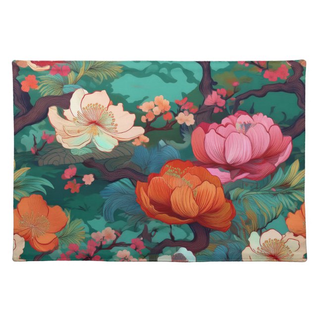 Japanese Kimono Fabric Sakura and peony Cloth Placemat (Front)