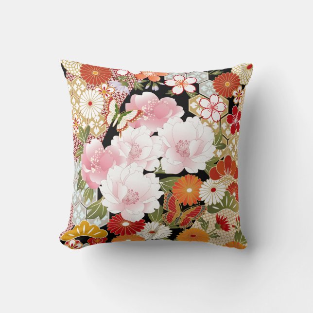 Japanese Kimono Flower Patterns Throw Pillow (Front)