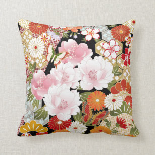 Japanese Kimono Flower Patterns Throw Pillow