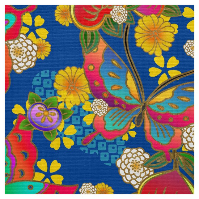Japanese kimono pattern butterflies and flowers Fa Fabric (Swatch)