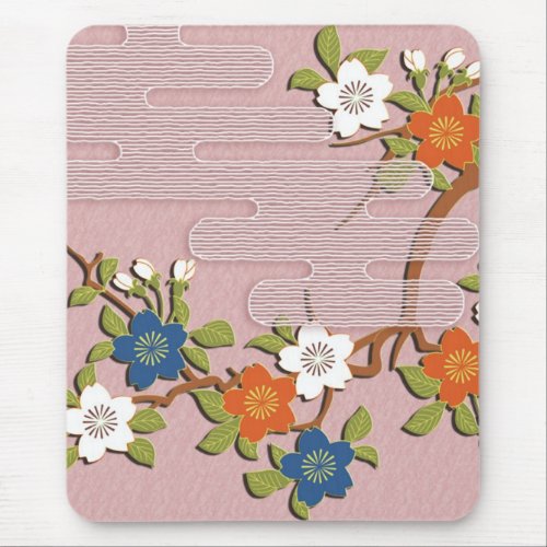 Japanese kimono pattern _ mist and cherry blossoms mouse pad