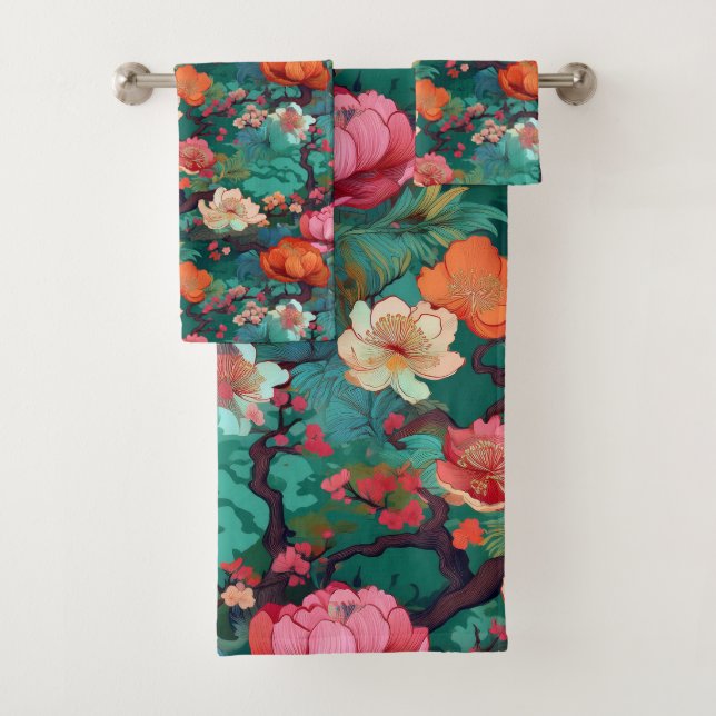 Japanese Kimono Sakura and peony Bath Towel Set (Insitu)