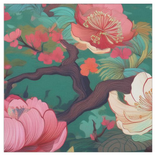 Japanese Kimono style teal peony fabric pattern