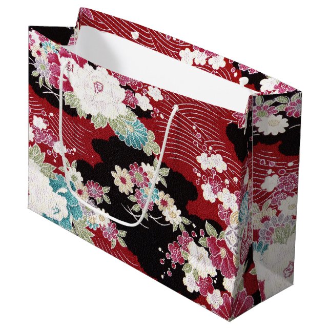 Japanese KIMONO Textile, Floral Pattern Large Gift Bag (Front Angled)