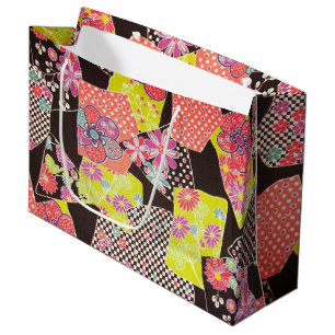 Japanese KIMONO Textile, Floral Pattern Large Gift Bag