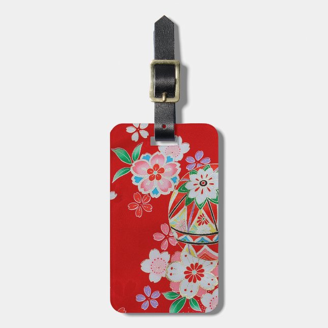 Japanese KIMONO Textile, Floral Pattern Luggage Tag (Front Vertical)