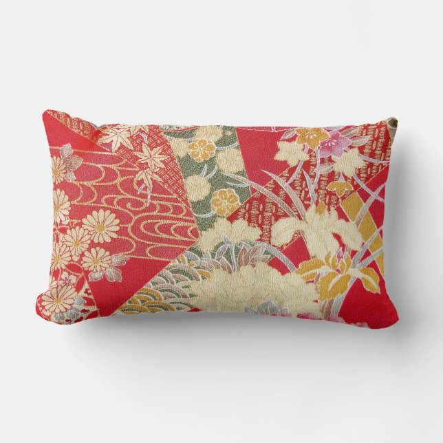 Japanese KIMONO Textile, Floral Pattern Lumbar Pillow (Front)