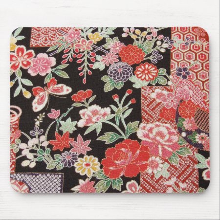 Japanese Kimono Textile, Floral Pattern Mouse Pad