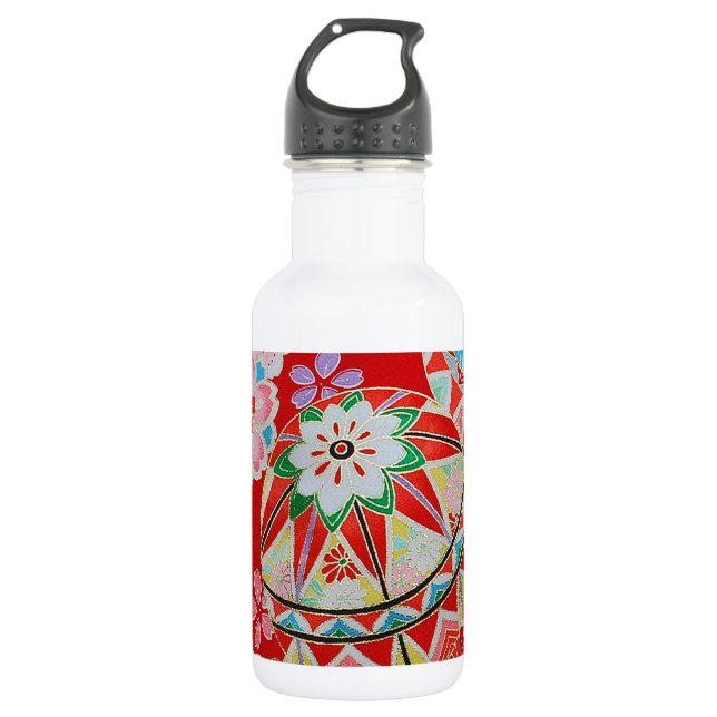 Japanese KIMONO Textile, Floral Pattern Stainless Steel Water Bottle (Front)