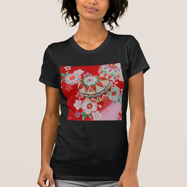 Japanese KIMONO Textile, Floral Pattern T-Shirt (Front)
