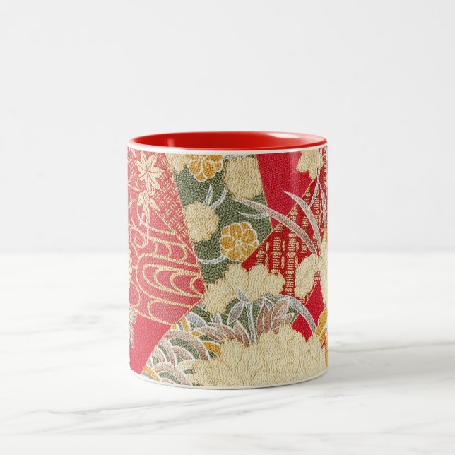 Japanese KIMONO Textile, Floral Pattern Two-Tone Coffee Mug (Center)