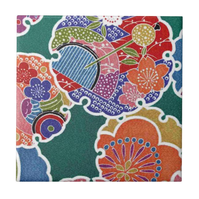 Japanese KIMONO Textile, Floret Pattern Ceramic Tile (Front)