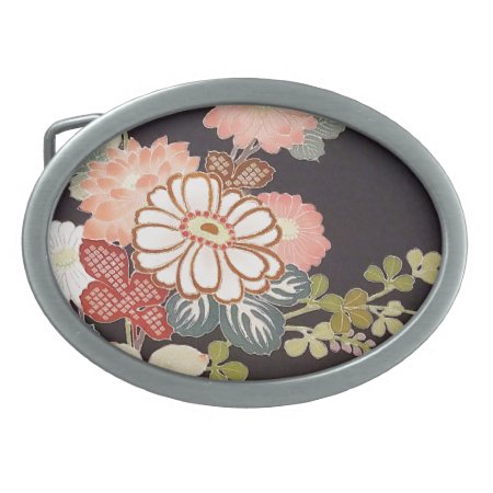 Japanese Kimono Textile, Floret Pattern Oval Belt Buckle