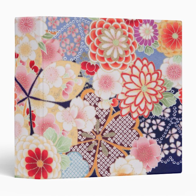 Japanese KIMONO Textile, Flower 3 Ring Binder (Front/Spine)